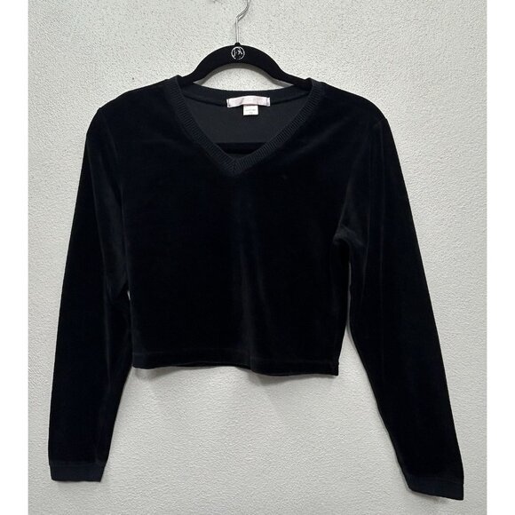 Victoria's Secret Velvet Sweatshirt Crewneck XS Black Cropped Long Sleeve Y2K - Picture 3 of 4